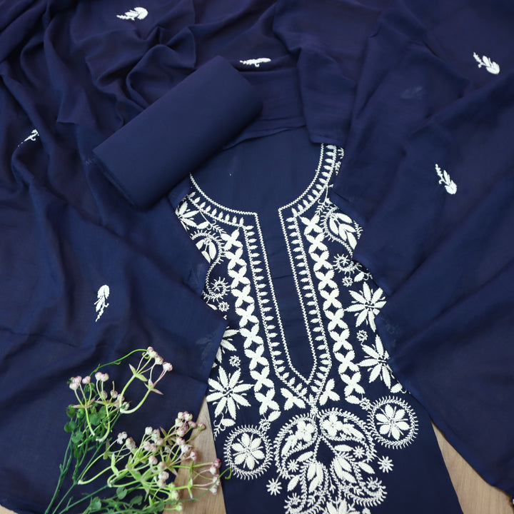 Nazariya Navy Blue Chikankari Inspired Neck Thread Work Cotton Suit Set