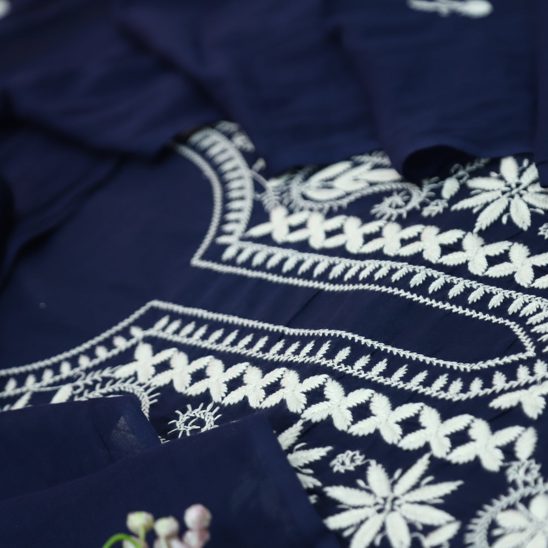Nazariya Navy Blue Chikankari Inspired Neck Thread Work Cotton Suit Set