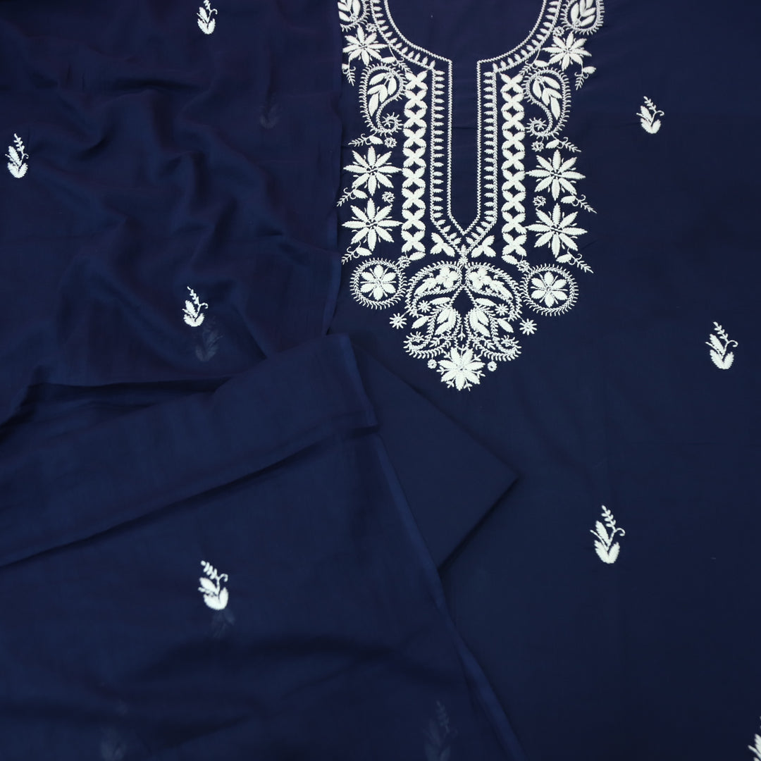 Nazariya Navy Blue Chikankari Inspired Neck Thread Work Cotton Suit Set