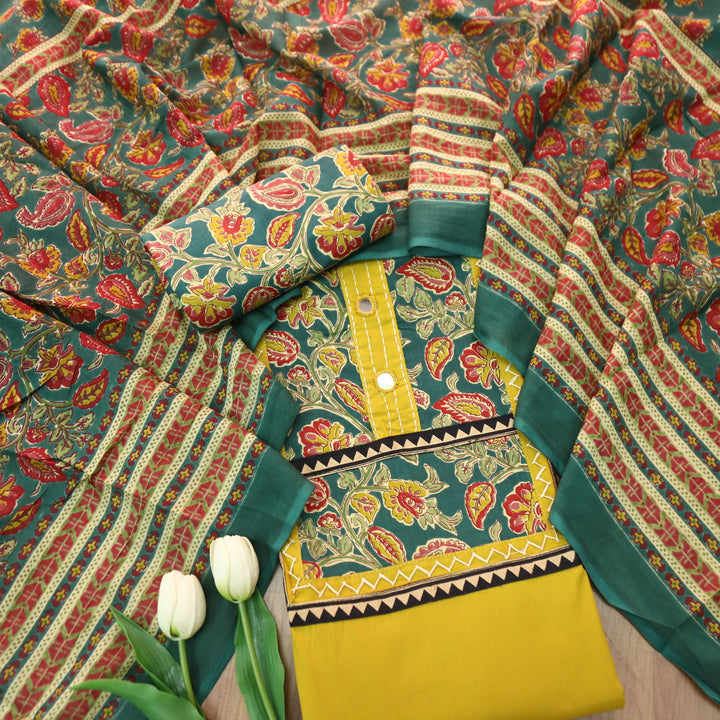 Aafeemi Dijon Yellow Kalamkari Print Yoke with Mirror on Neck Cotton Suit Set