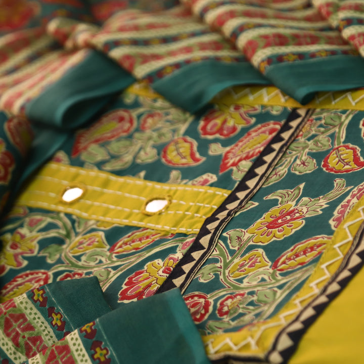 Aafeemi Dijon Yellow Kalamkari Print Yoke with Mirror on Neck Cotton Suit Set