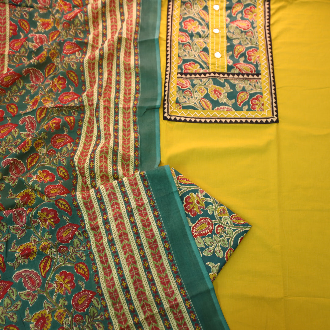 Aafeemi Dijon Yellow Kalamkari Print Yoke with Mirror on Neck Cotton Suit Set