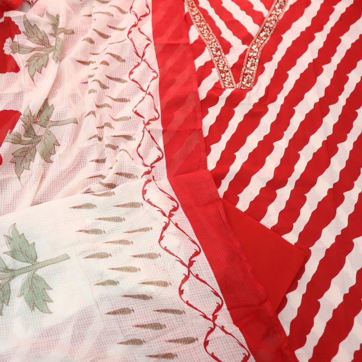 Dulhan Bright Red All Over Leheriya Print with Zari V Neck Cotton Suit Set