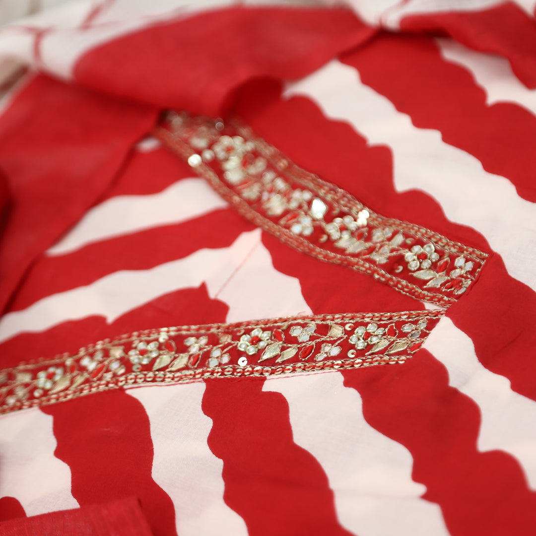Dulhan Bright Red All Over Leheriya Print with Zari V Neck Cotton Suit Set