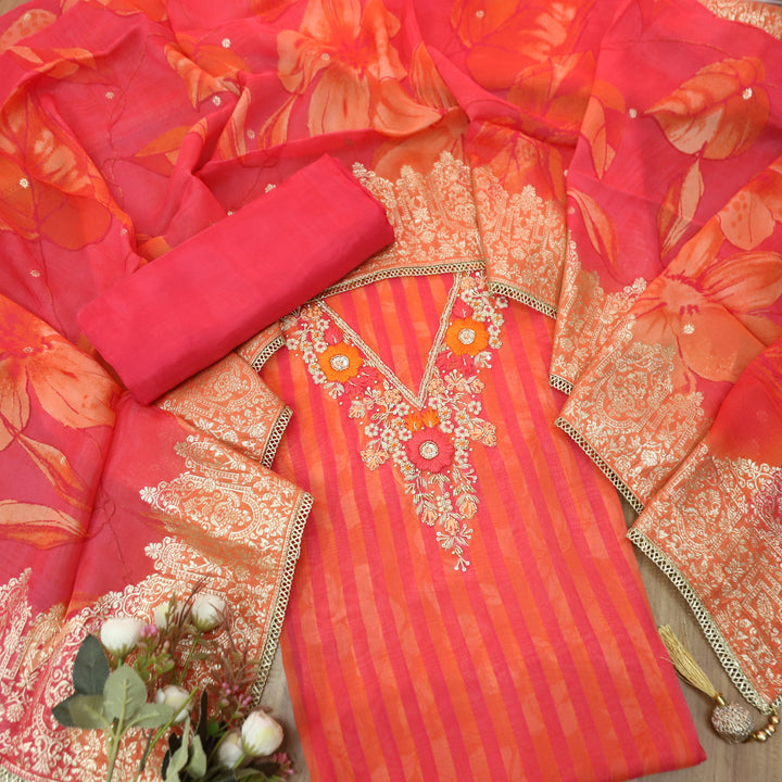 Mourya Orange and Pink Stripe Printed with Heavy Desinger Neck Orangaza Set