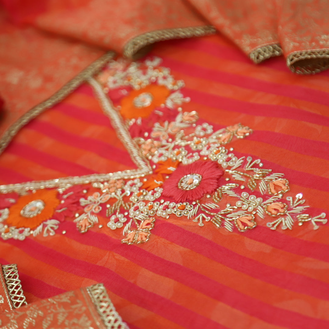 Mourya Orange and Pink Stripe Printed with Heavy Desinger Neck Orangaza Set