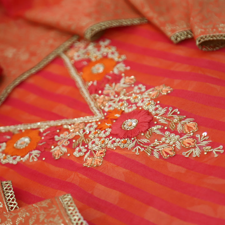 Mourya Orange and Pink Stripe Printed with Heavy Desinger Neck Orangaza Set