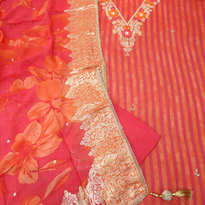 Mourya Orange and Pink Stripe Printed with Heavy Desinger Neck Orangaza Set
