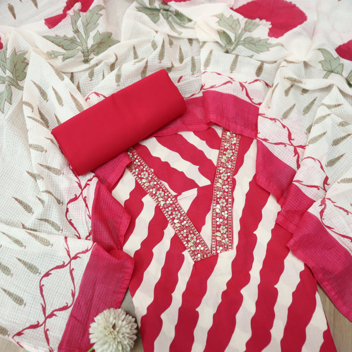 Dulhan Barbie Pink All Over Leheriya Print with Zari V Neck Cotton Suit Set