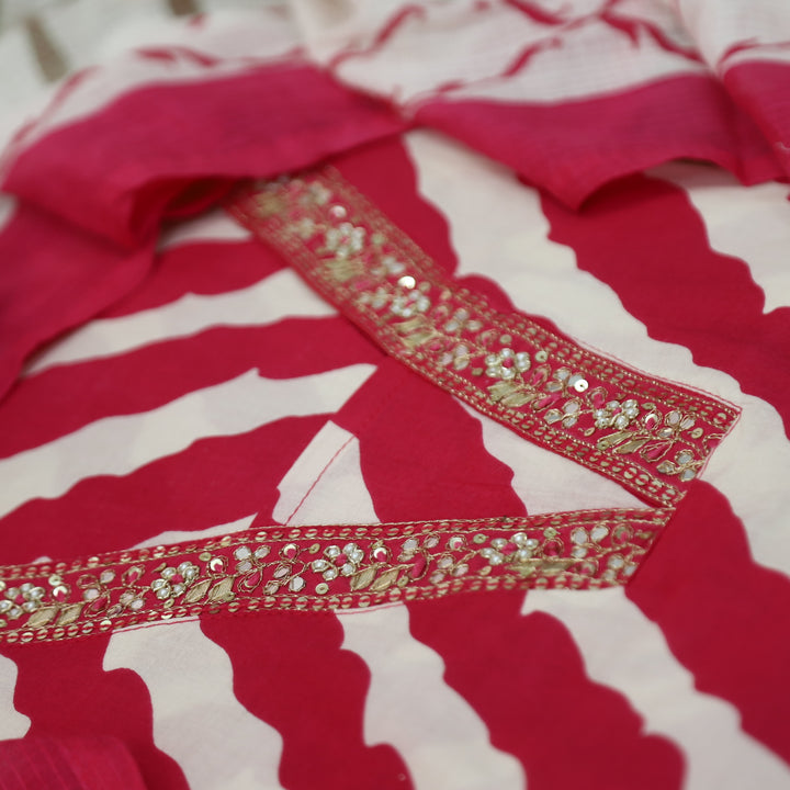 Dulhan Barbie Pink All Over Leheriya Print with Zari V Neck Cotton Suit Set