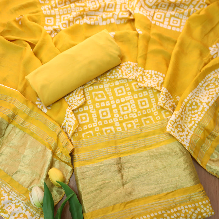 Manzeel Bright Yellow All Over Bandhani Printed with Zari Modal Suit Set