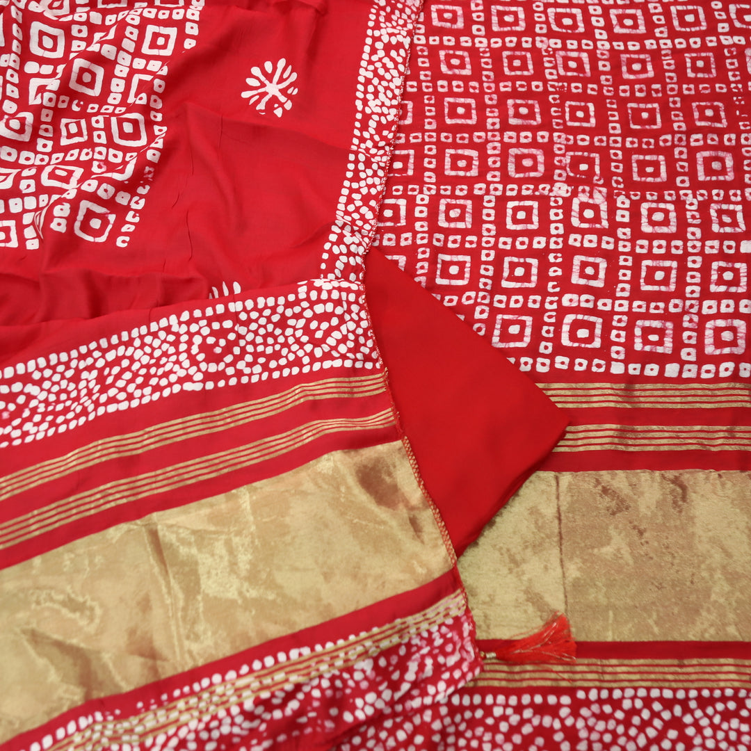 Manzeel Bride Red All Over Bandhani Printed with Zari Modal Suit Set