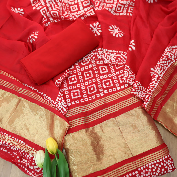 Manzeel Bride Red All Over Bandhani Printed with Zari Modal Suit Set