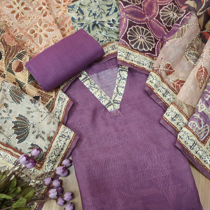 Kaashvi Berry Purple V Neck Kantha Embroidery Self Printed Chanderi Suit Set