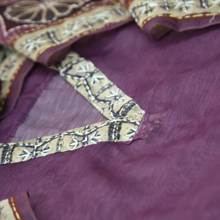 Kaashvi Berry Purple V Neck Kantha Embroidery Self Printed Chanderi Suit Set