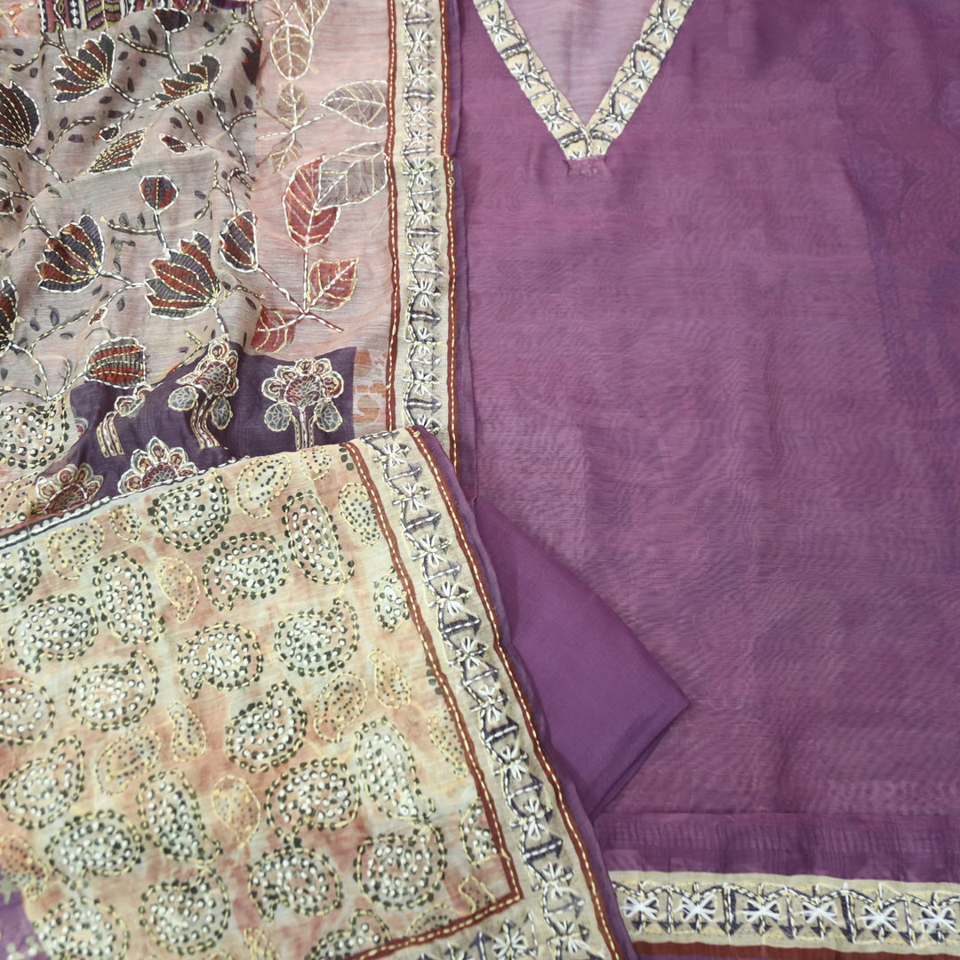 Kaashvi Berry Purple V Neck Kantha Embroidery Self Printed Chanderi Suit Set