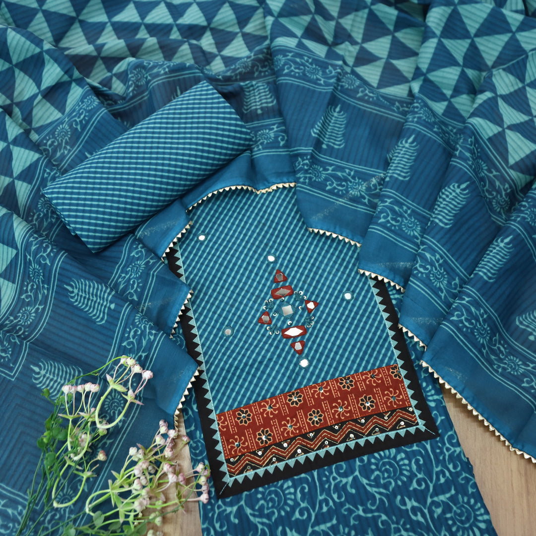 Kaashvi Cerulean Blue Leheriya Print Yoke with Mirror in Printed Cotton Suit Set