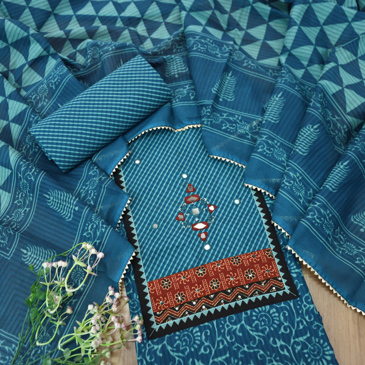 Kaashvi Cerulean Blue Leheriya Print Yoke with Mirror in Printed Cotton Suit Set