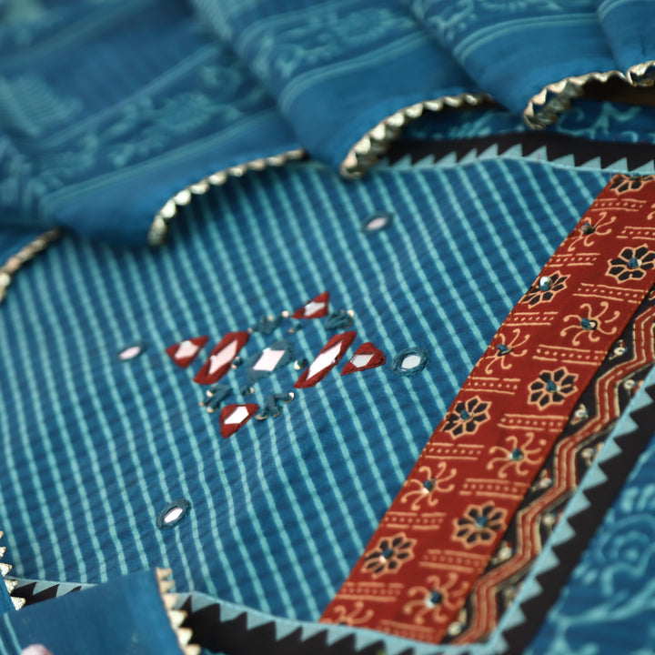 Kaashvi Cerulean Blue Leheriya Print Yoke with Mirror in Printed Cotton Suit Set