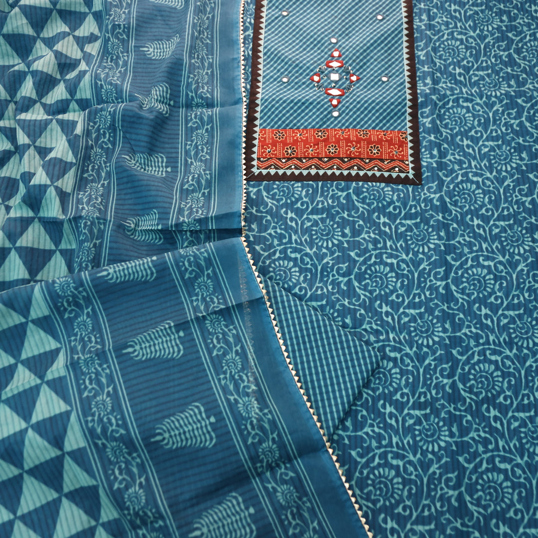 Kaashvi Cerulean Blue Leheriya Print Yoke with Mirror in Printed Cotton Suit Set