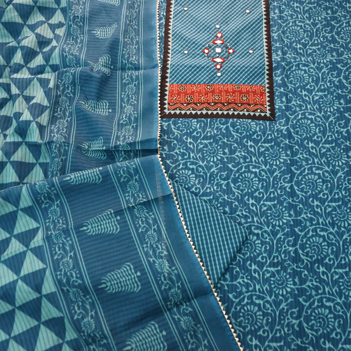 Kaashvi Cerulean Blue Leheriya Print Yoke with Mirror in Printed Cotton Suit Set