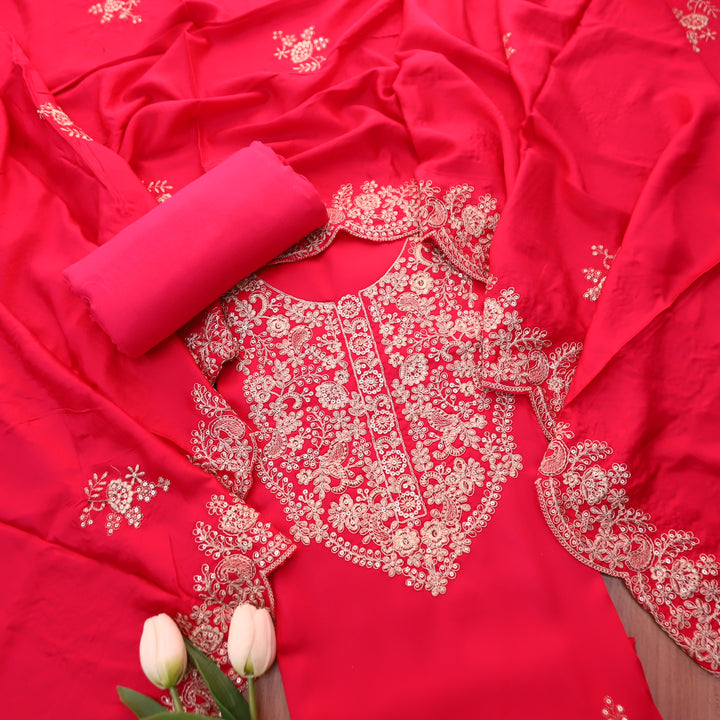 Deewani Rani Pink Embellished Neckline with Zari Viscose Satin Suit Set