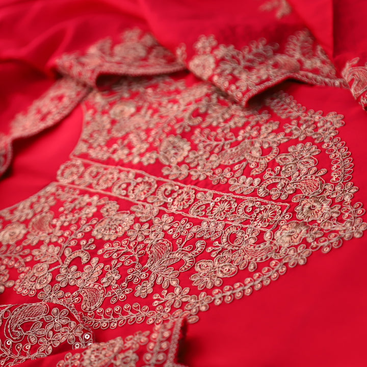Deewani Rani Pink Embellished Neckline with Zari Viscose Satin Suit Set