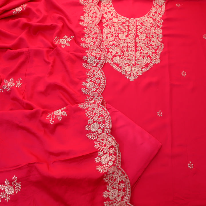 Deewani Rani Pink Embellished Neckline with Zari Viscose Satin Suit Set