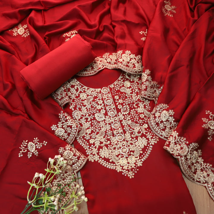 Deewani Maroon Red Embellished Neckline with Zari Viscose Satin Suit Set