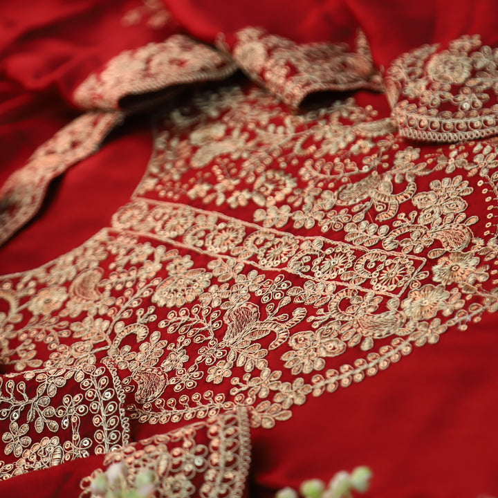 Deewani Maroon Red Embellished Neckline with Zari Viscose Satin Suit Set