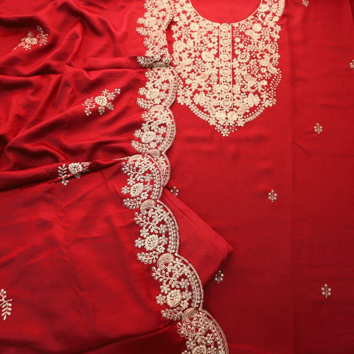 Deewani Maroon Red Embellished Neckline with Zari Viscose Satin Suit Set