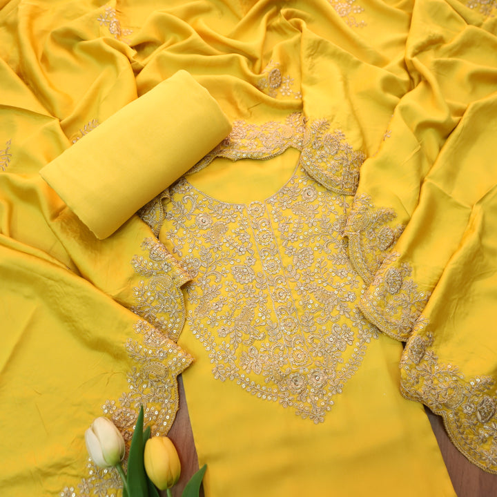 Deewani Bumblebee Yellow Embellished Neckline with Zari Viscose Satin Suit Set