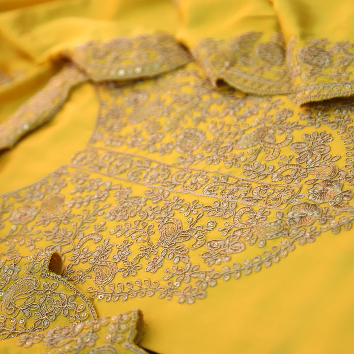 Deewani Bumblebee Yellow Embellished Neckline with Zari Viscose Satin Suit Set