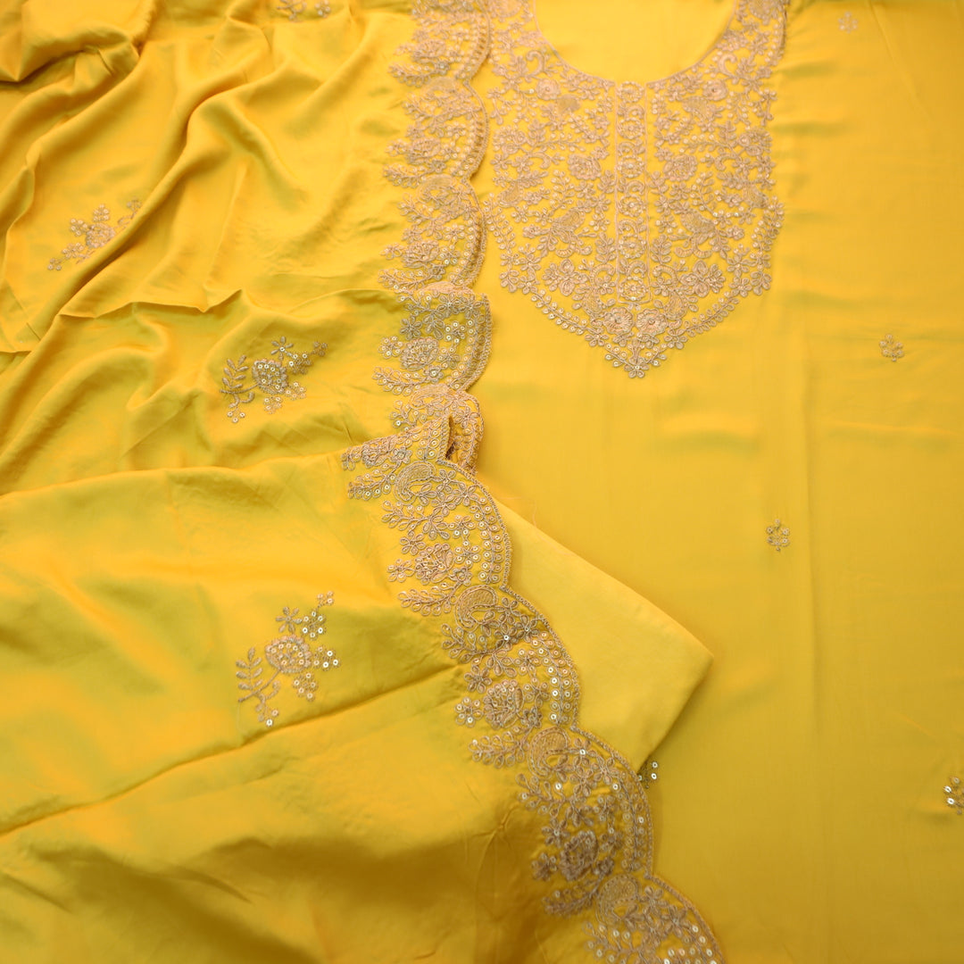 Deewani Bumblebee Yellow Embellished Neckline with Zari Viscose Satin Suit Set