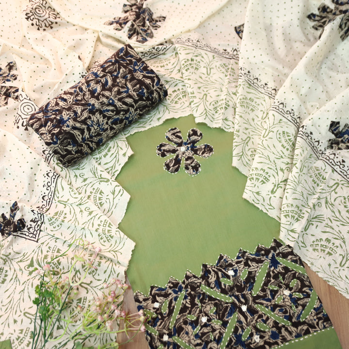 Sundri Sage Green Applique Patch Work Hem Kalamkari Print Jam Cotton Satin Suit Set