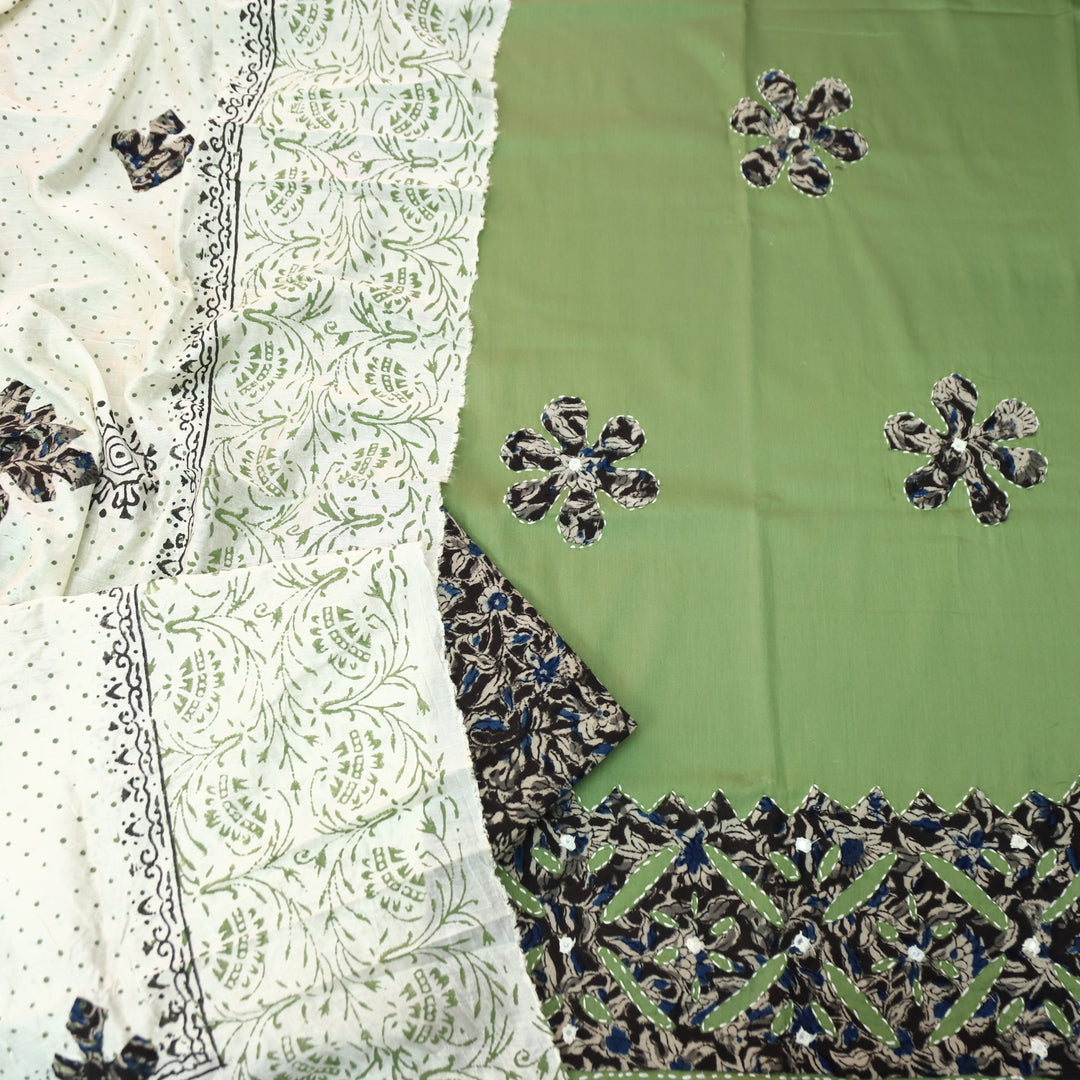Sundri Sage Green Applique Patch Work Hem Kalamkari Print Jam Cotton Satin Suit Set