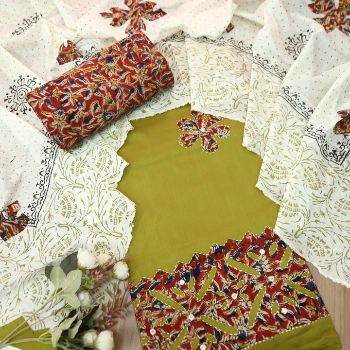 Sundri Dijon Yellow Applique Patch Work Hem Kalamkari Print Jam Cotton Satin Suit Set