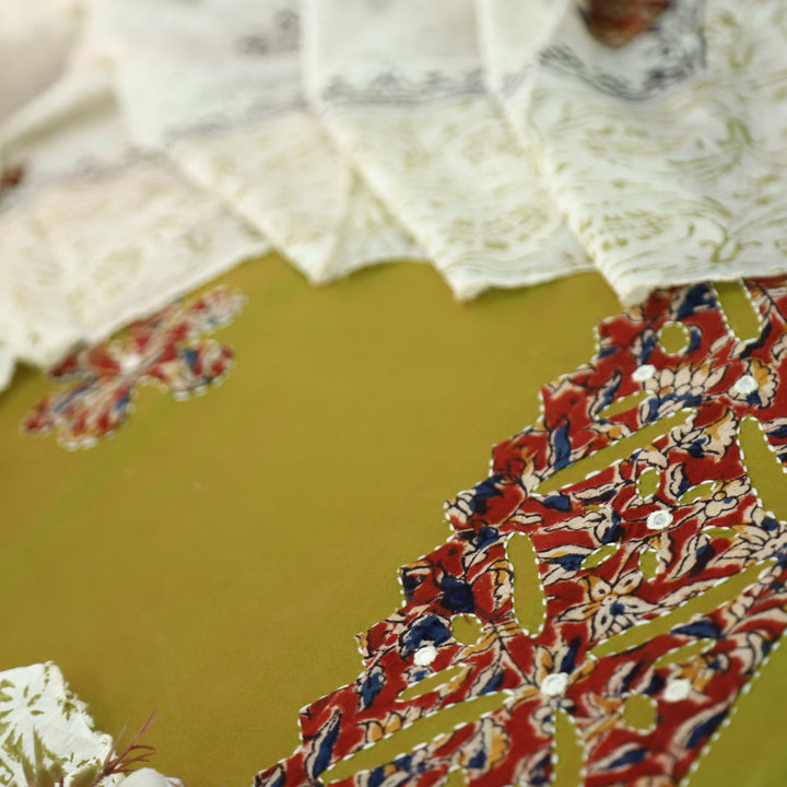 Sundri Dijon Yellow Applique Patch Work Hem Kalamkari Print Jam Cotton Satin Suit Set