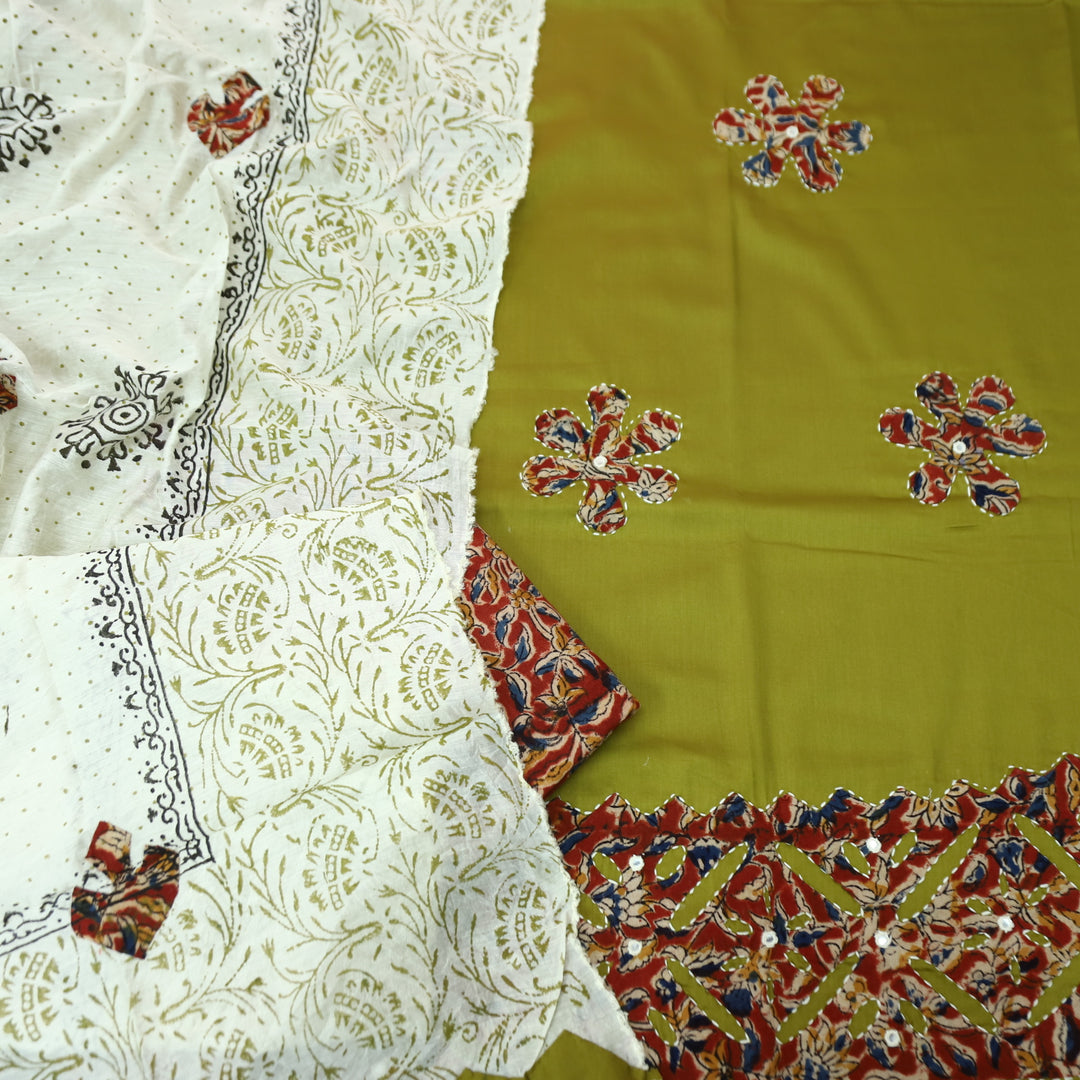 Sundri Dijon Yellow Applique Patch Work Hem Kalamkari Print Jam Cotton Satin Suit Set