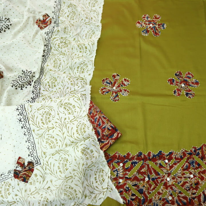 Sundri Dijon Yellow Applique Patch Work Hem Kalamkari Print Jam Cotton Satin Suit Set