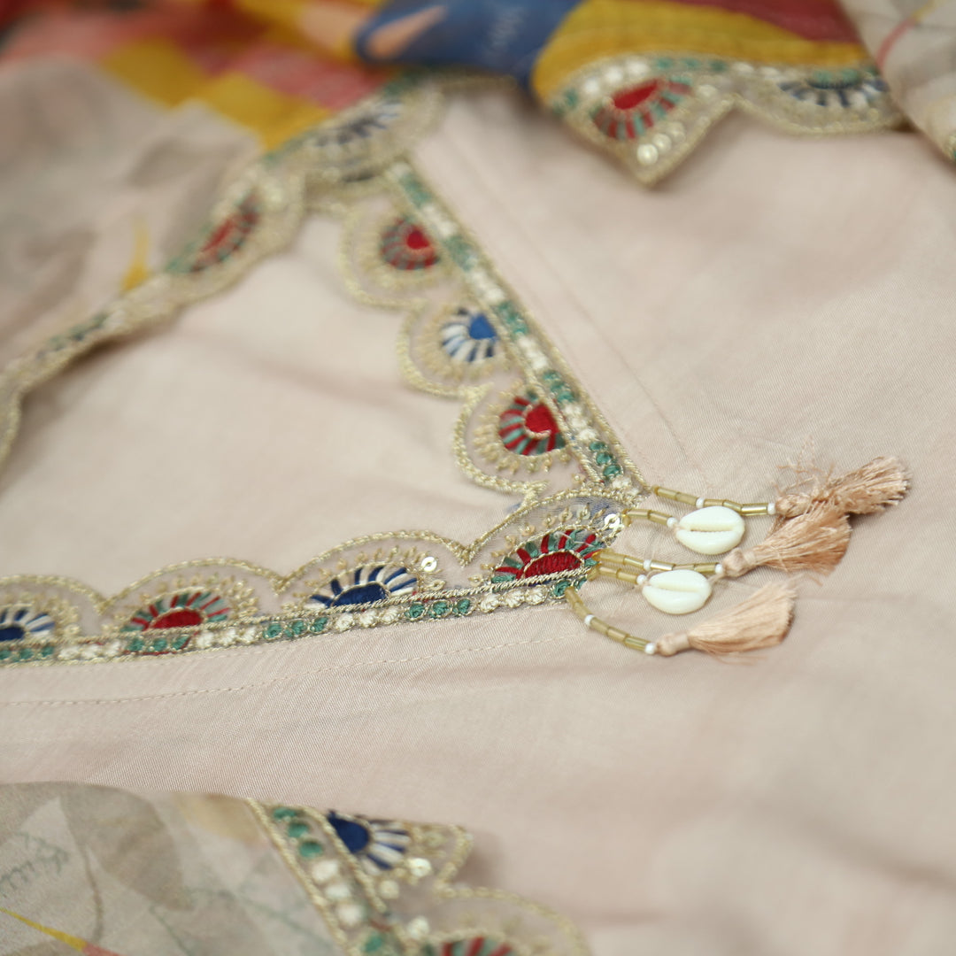 Naari Frappe Beige V Neck Lace with Shell Hanging and Floral Patch Work Muslin Set