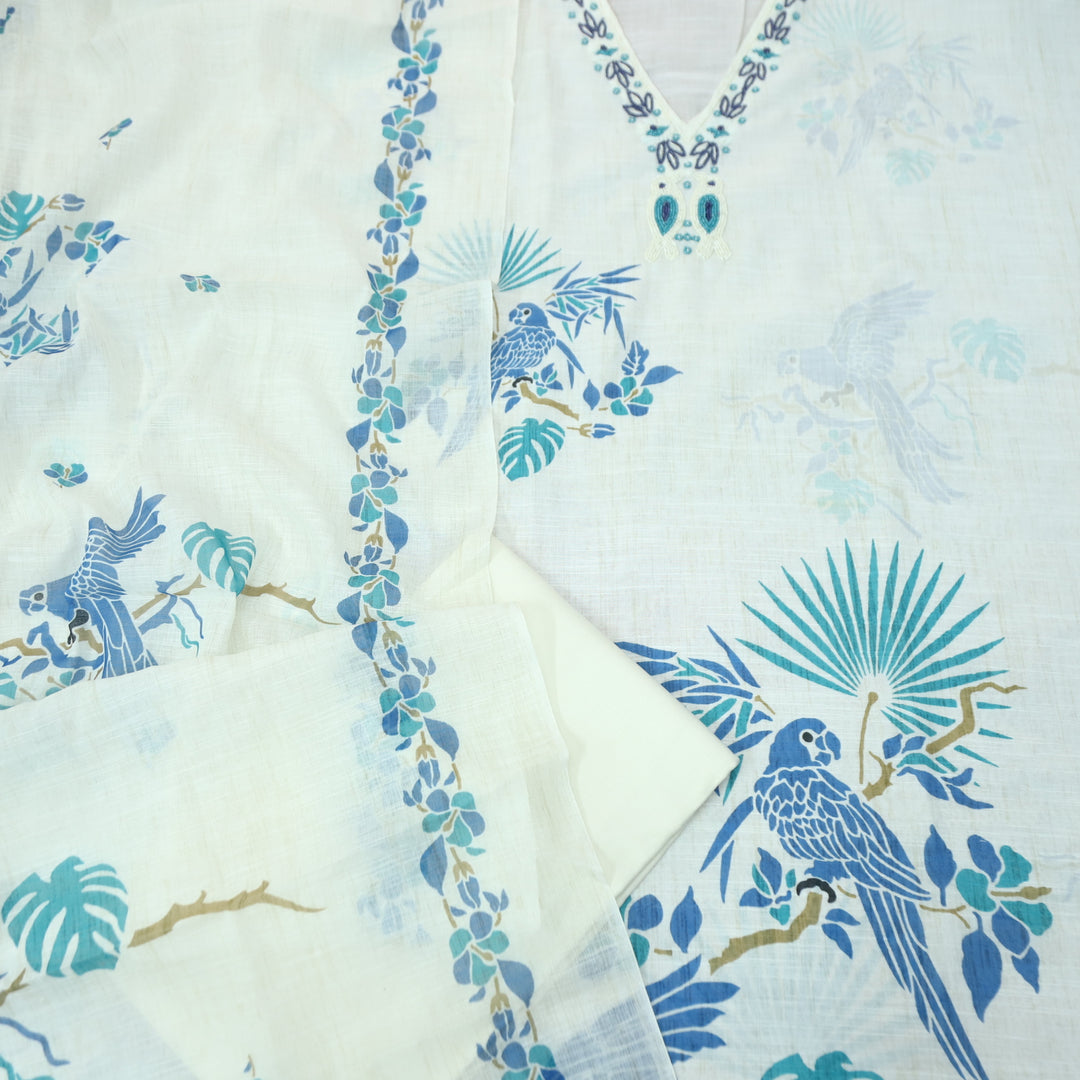 Shiddat Cream White V Neck Moti Work Floral and Bird Print Cotton Linen Suit Set
