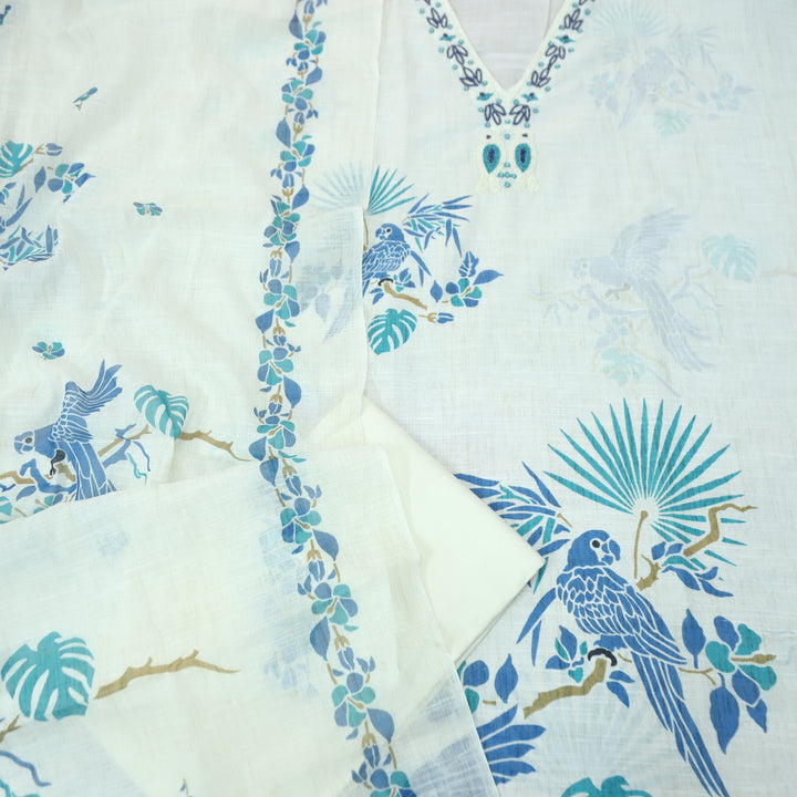 Shiddat Cream White V Neck Moti Work Floral and Bird Print Cotton Linen Suit Set