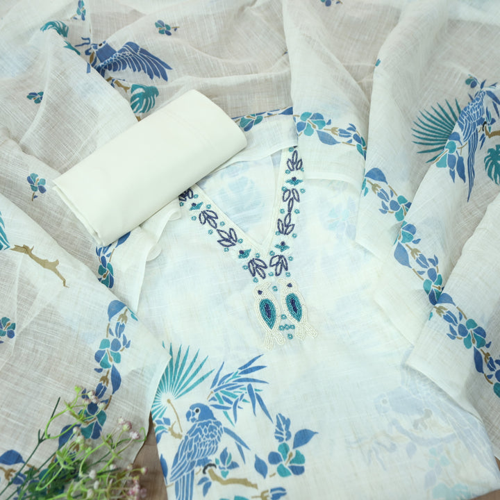 Shiddat Cream White V Neck Moti Work Floral and Bird Print Cotton Linen Suit Set