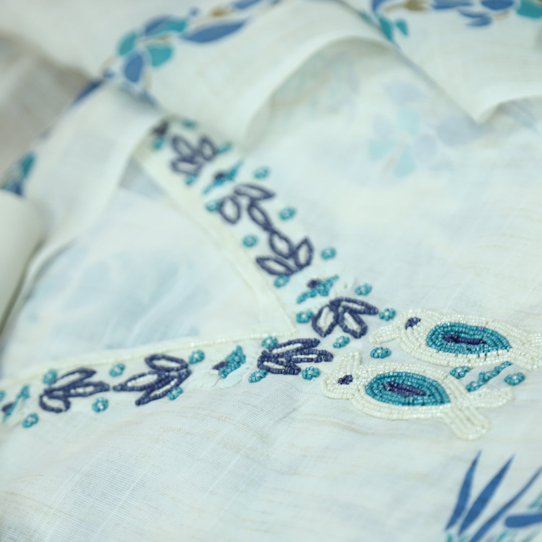 Shiddat Cream White V Neck Moti Work Floral and Bird Print Cotton Linen Suit Set