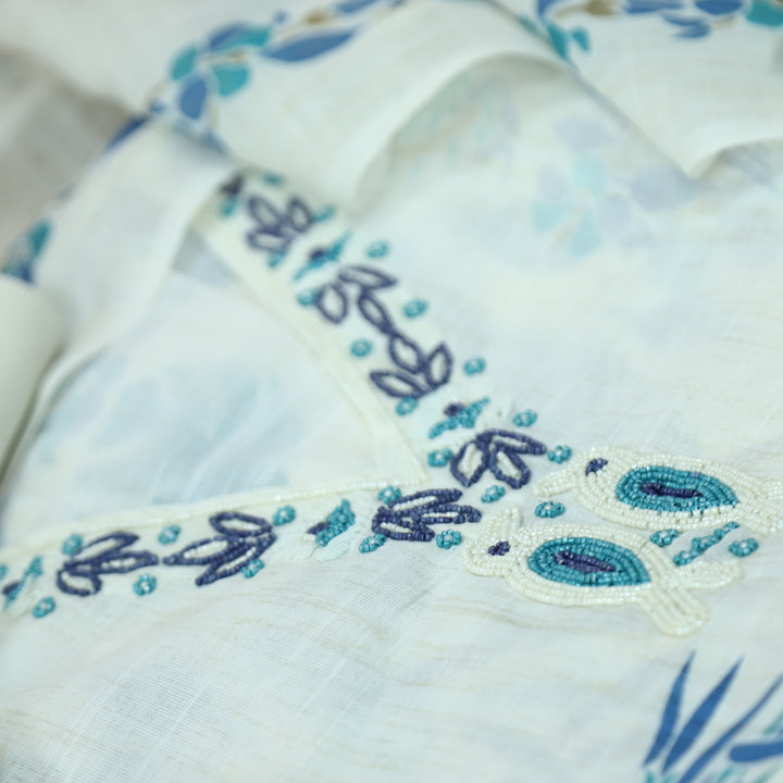 Shiddat Cream White V Neck Moti Work Floral and Bird Print Cotton Linen Suit Set