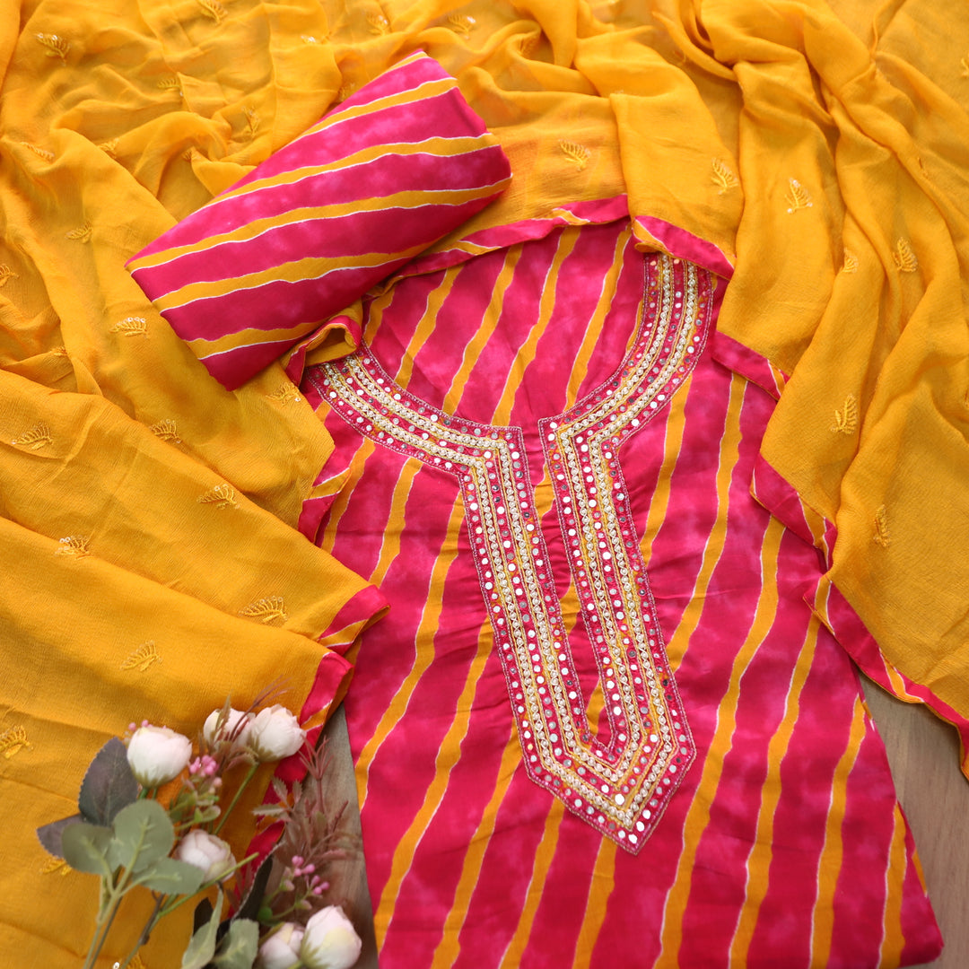 Dulhan Rani PInk All Over Leheriya Print with Embellish Neck Work Cotton Set