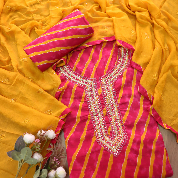Dulhan Rani PInk All Over Leheriya Print with Embellish Neck Work Cotton Set