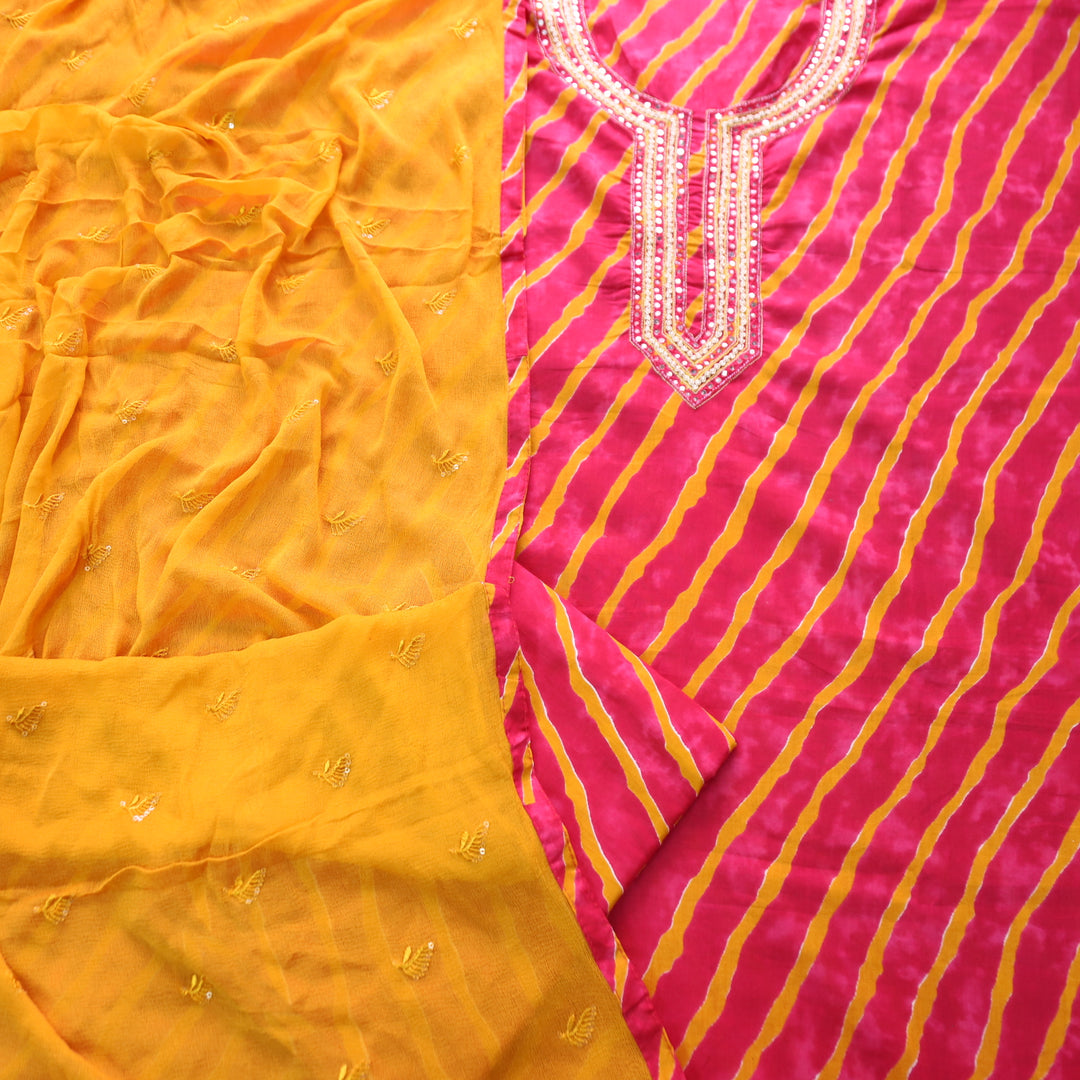 Dulhan Rani PInk All Over Leheriya Print with Embellish Neck Work Cotton Set