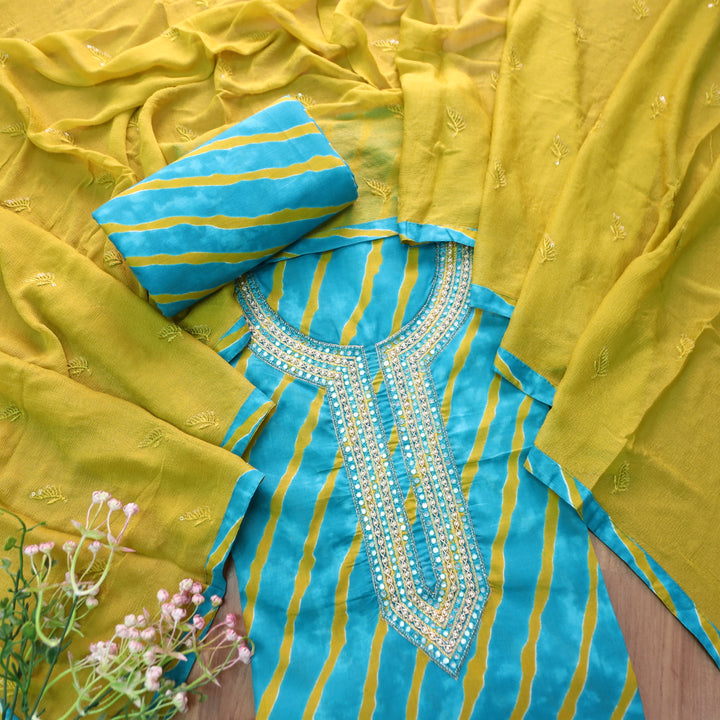 Dulhan Aqua Blue All Over Leheriya Print with Embellish Neck Work Cotton Set